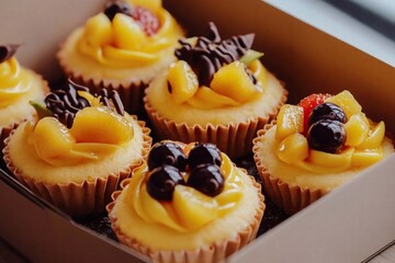 
A box of six yellow cupcake tarts with fruit and chocolate decorations on top, an Instagram photo.

