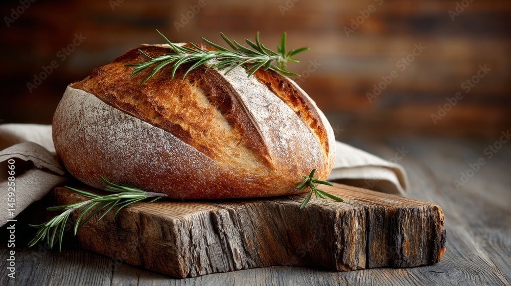 Poster close-up of a golden round loaf on a rustic wooden slab, enriched with sprigs of herbs, illuminated 