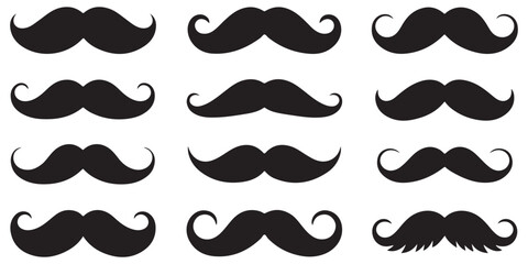 mustache silhouettes in vector retro style, mustache silhouettes with sunglass, top hat, hats, outline coloring book page line art etc