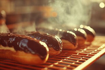 
A close-up of éclairs on an orange-red baking rack, their chocolate icing glistening in the sunlight. The hot air cushion under them adds to their glossy appearance
