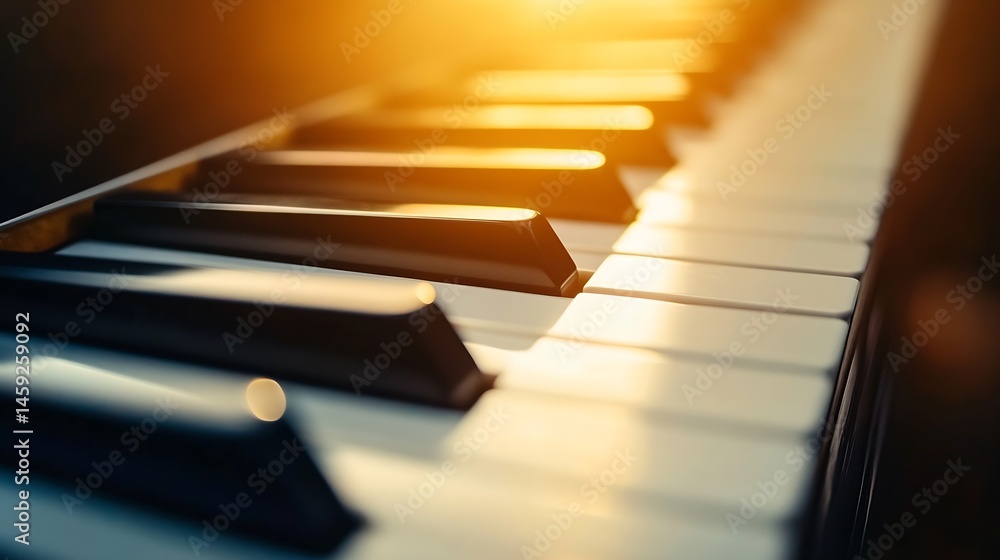 Poster close-up view of a piano keyboard illuminated by warm sunlight, showcasing the black and white keys 