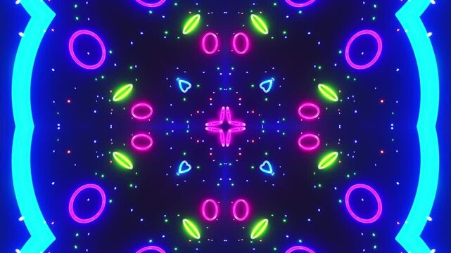 Colorful pattern with circles and lights on black background. Kaleidoscope VJ loop