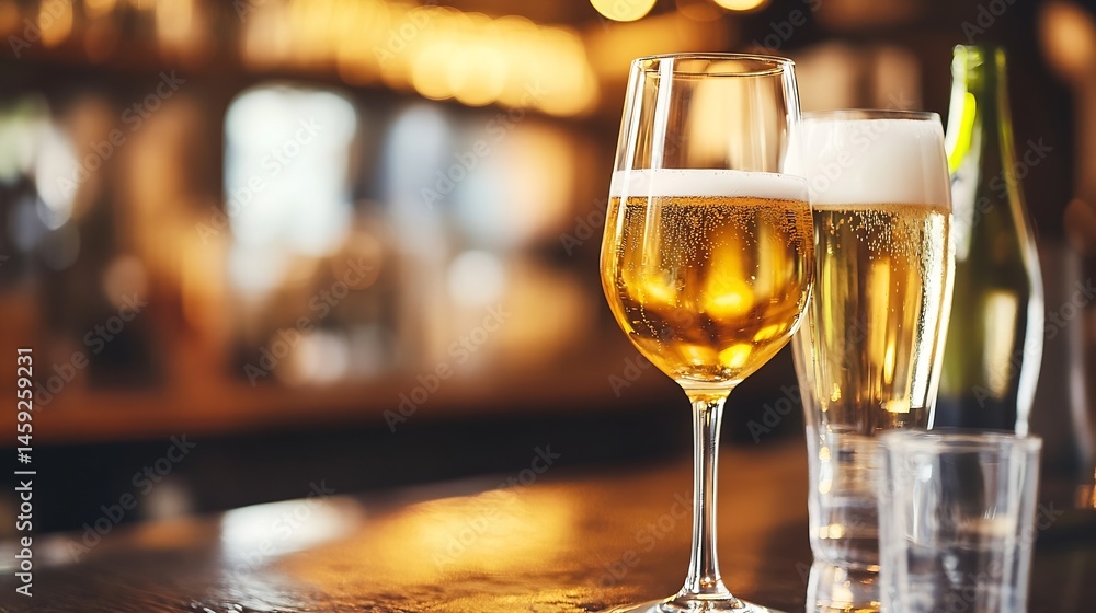 Poster golden beer in wine glass and pint glass on bar counter, blurred background of pub lights, shallow d