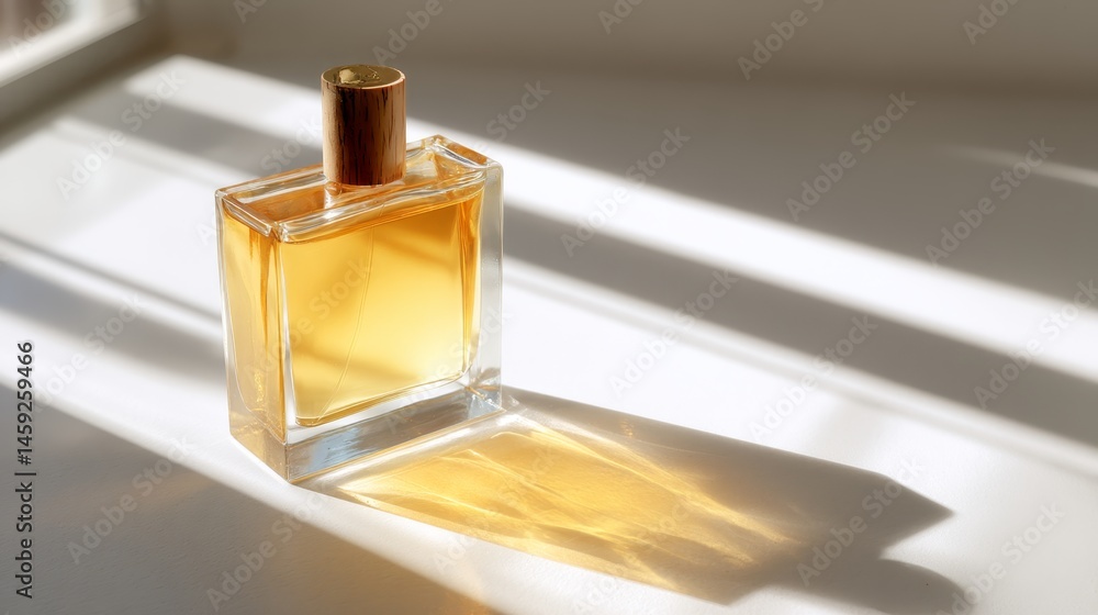Poster Clear glass bottle filled with light amber liquid rests on a pure white surface, illuminated by soft diffused light, creating a serene and minimalistic composition