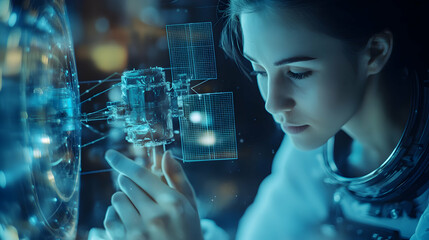 Woman in Space Suit Interacting with a Futuristic Satellite Model