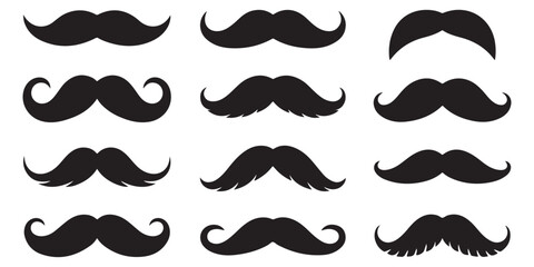 mustache silhouettes in vector retro style, mustache silhouettes with sunglass, top hat, hats, outline coloring book page line art etc