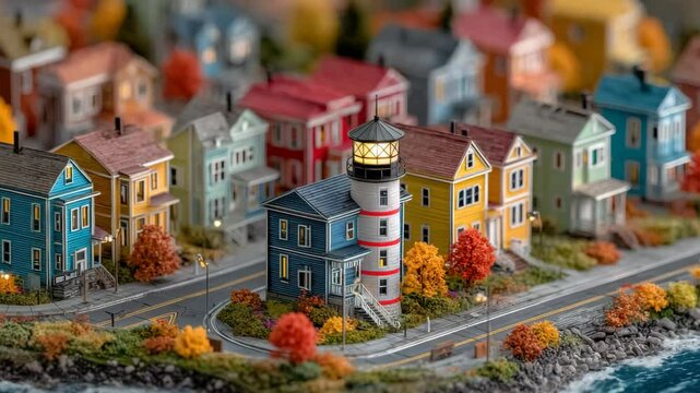 Autumnal coastal town miniature diorama with a lighthouse, colorful houses, and winding roads. Warm lighting and detailed architecture create a charming scene.