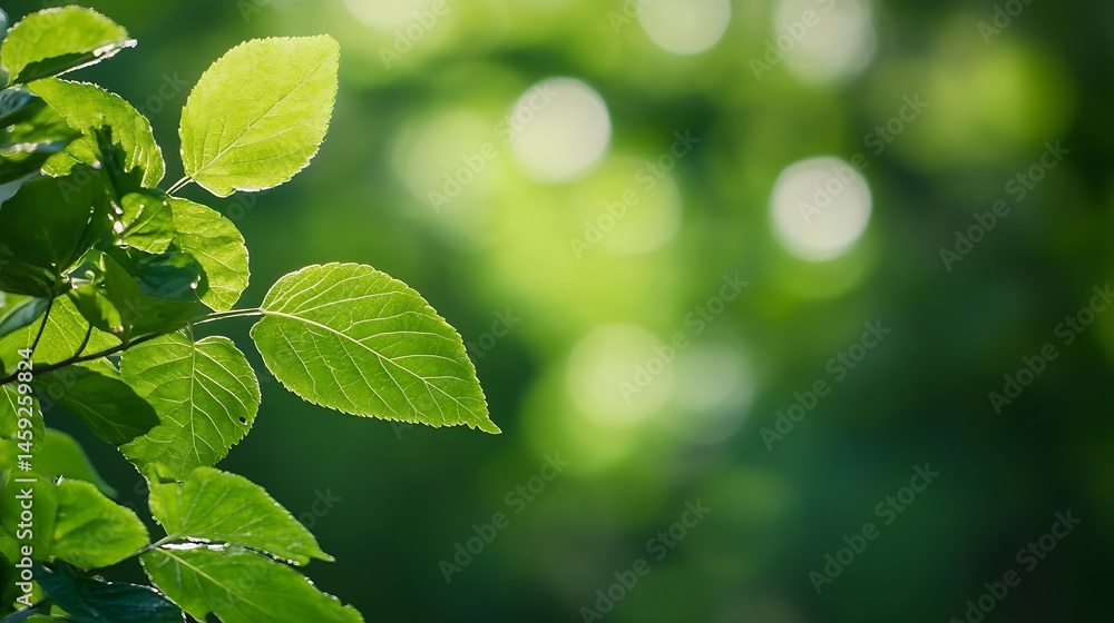 Poster close-up of vibrant green leaves illuminated by sunlight, showcasing intricate leaf veins and textur