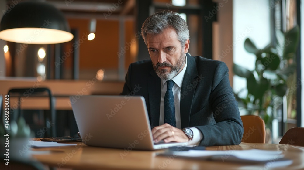 Poster a businessman using his laptop in a coworking space, working remotely on a project with a colleague 