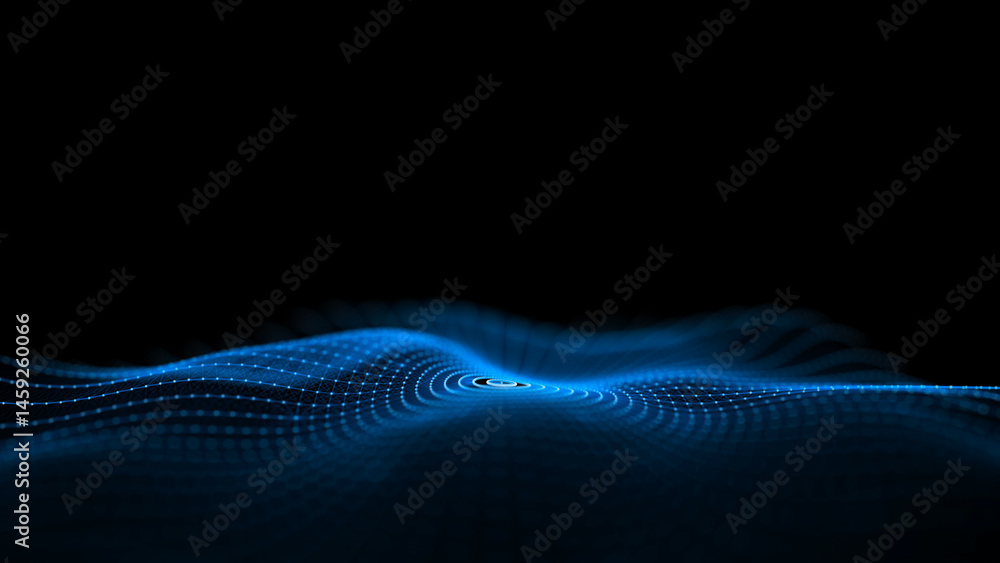 Poster Abstract circle wave with blue light on black background. Science background with moving dots and lines. Network connection technology. Digital structure with particles. 3d rendering.