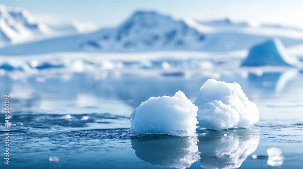 Poster two small ice floes rest on a calm, icy arctic sea with a blurred background of snow-covered mountai