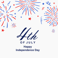 Obraz premium Happy 4th of July illustration with festive fireworks and star decorations in patriotic colors, perfect for banners, invitations, and social media posts