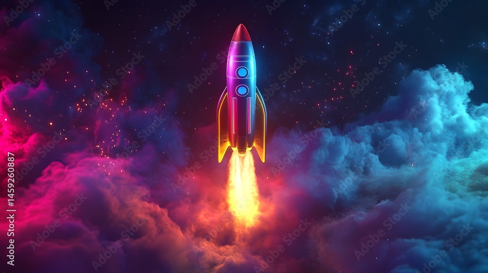 Poster vibrant neon rocket with multicolored glowing patterns in space for futuristic adventure