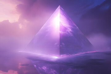 Ethereal Crystal Pyramid Surrounded by Mist and Colorful Clouds