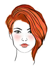 redhead girl with asymmetrical haircut, portrait of a girl hand drawn watercolor illustration png cut out