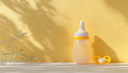 A pastel yellow baby bottle and nipple on a white surface.