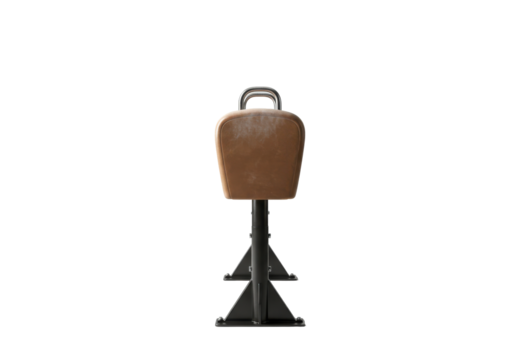 A leathercovered pommel horse stands ready on a black stage
