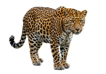 Obraz premium A leopard poised strong spots in full display against a solid black backdrop