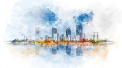 Fototapeta premium City skyline reflection watercolor painting urban architecture illustration