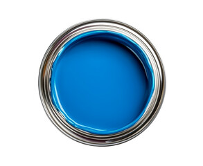 Top view of open paint can filled with blue paint on a transparent background