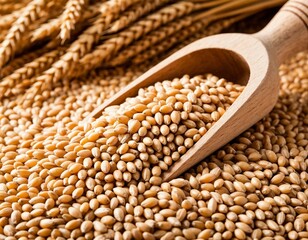 Fototapeta premium Golden harvest harvest: a wooden shovel among the wheat grains