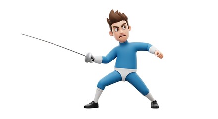 3D cartoon fencer in duel stance, dramatic pose, white background