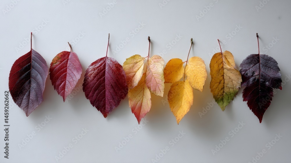 Poster A row of autumn leaves in varying colors and shapes is neatly arranged on a white studio surface, creating a vibrant display ideal for seasonal designs