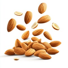 Almonds scattered in the air, piled up below.  A healthy snack