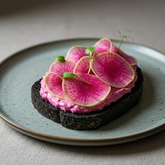 Artistic Radish Tartine on Charcoal Bread with Beet Goat Cheese