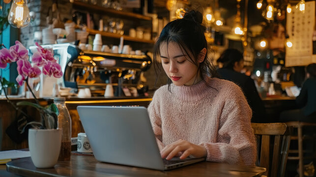 A woman using her laptop at a coffee shop, multitasking between emails and planning her upcoming week