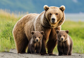 Obraz premium Mother grizzly bear and her cubs wildlife encounter in the lush alaskan wilderness wildlife photography serene natural habitat close-up perspective