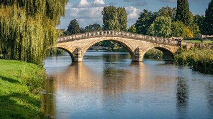 Fototapeta premium Stone arch bridge over a calm river, autumnal scenery