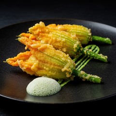 Crispy Champagne Battered Stuffed Zucchini Flowers with Lemon Ricotta