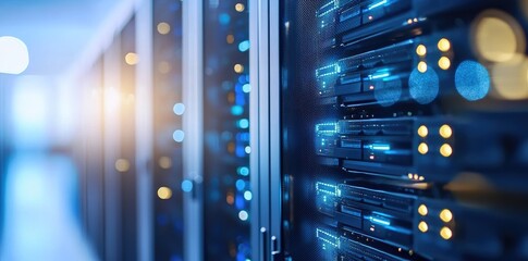 Side angle view of multiple illuminated server racks in a high-performance computing environment, ideal for IT solutions, hosting services, or digital tech brands