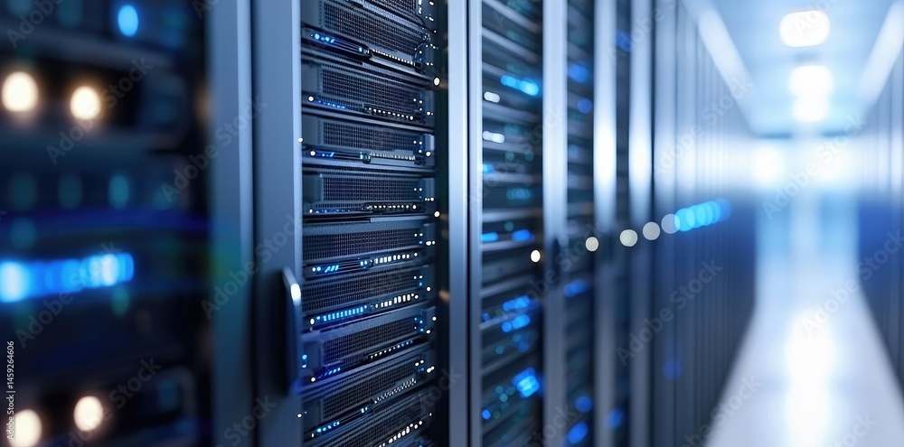 Poster Close angle of high-capacity server equipment with blurred background and glowing indicators, perfect for hosting service, network security, or data infrastructure