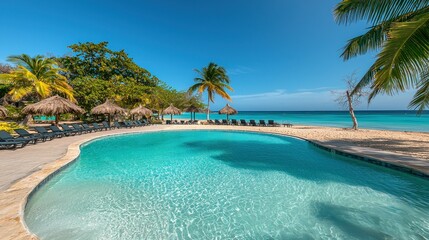 Naklejka premium Tranquil poolside paradise on a tropical beach. Lush vegetation surrounds a clear pool, offering relaxation. Sun-drenched sandy shore and turquoise water