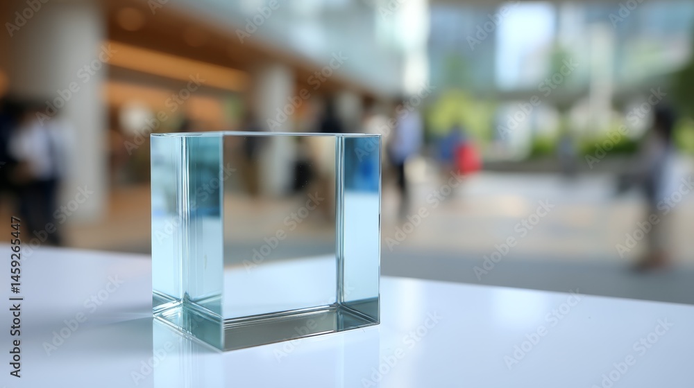 Aufkleber a mirror-finished cube stands centered on a white tabletop, softly reflecting ambient light and surr