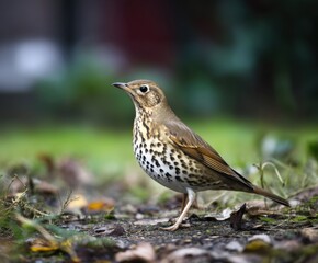 Song thrush on the ground in the wild