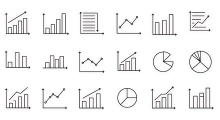 Collection of Business Chart Icons: Bar Charts, Line Graphs, and Pie Charts for Data Visualization and Business Analytics