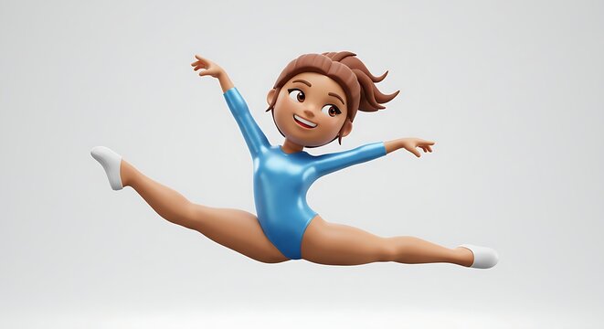 3D cartoon female gymnast performing a split jump, graceful pose, white background