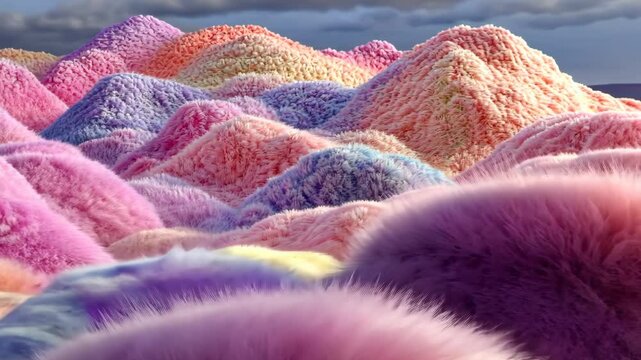 The camera pans across a whimsical landscape of fluffy, colorful hills that resemble candy. This dreamy scene invites viewers to immerse themselves in a world of soft textures and vibrant colors.