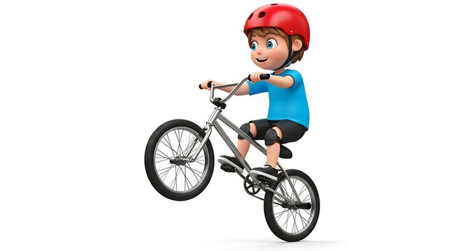 3D cartoon child riding a BMX bike, action shot, white background