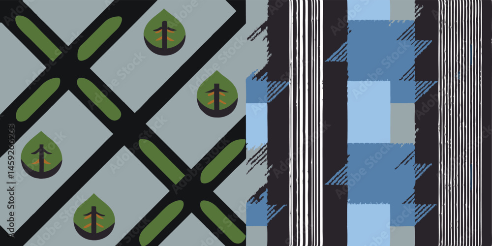 Poster geometric vector seamless pattern with nature inspired shapes and abstract lines