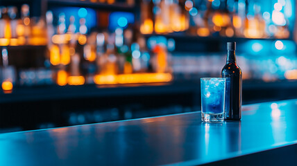 Blue Lagoon Cocktail on Bar Counter: A vibrant blue lagoon cocktail with ice sits on a sleek, modern bar counter, illuminated by a warm glow of lights from the surrounding bottles and shelves.