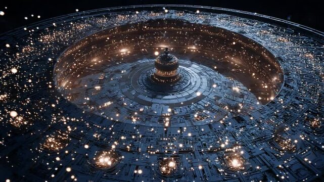 Futuristic space station orbiting a distant planet, surrounded by stars and cosmic dust