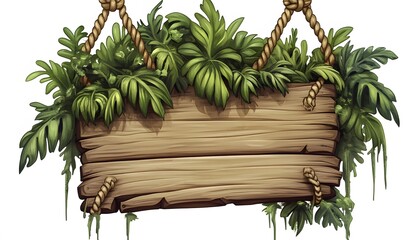Rustic wooden sign adorned with lush foliage.