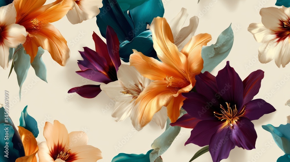 Aufkleber large exotic flowers in bold saturated colors create a striking flat design on a white base, with am
