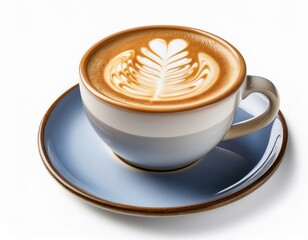 Craft vegan oat milk coffee with intricate latte art in a ceramic cup on a simple saucer set against a white backdrop