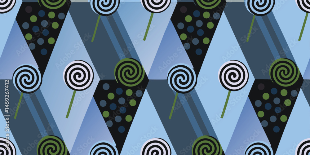 Poster seamless vector pattern with lollipops and geometric shapes for fabric or background