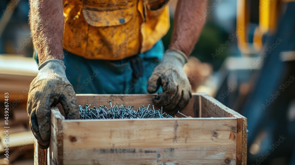 Poster a construction worker transporting nails and screws in a wooden box while working on a building site